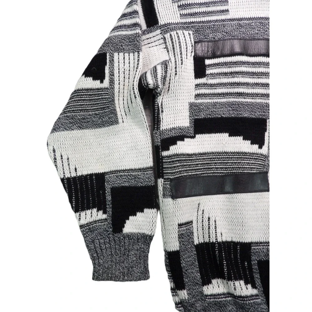 VTG Ashley Knit Sweater Men L Gray Black Abstract Geometric Leather Trim USA 90s